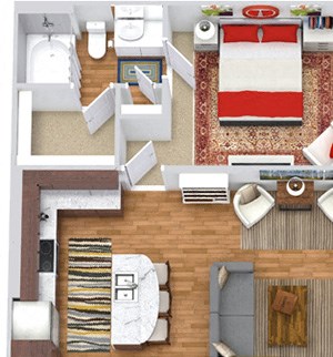 Topaz with Attached Garage Topaz with Attached Garage 3D. 2 bedroom apartment. Kitchen with island open to living/dinning rooms. 2 full bathrooms, shower stall in master. Walk-in closets. Patio/balcony.